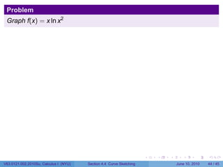 Problem
 Graph f(x) = x ln x2




                                                                      .   .   .      .       .    .

V63.0121.002.2010Su, Calculus I (NYU)   Section 4.4 Curve Sketching               June 10, 2010   44 / 45
 