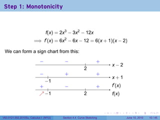 Step 1: Monotonicity



                                 f(x) = 2x3 − 3x2 − 12x
                        =⇒ f′ (x) = 6x2 − 6x − 12 = 6(x + 1)(x − 2)

 We can form a sign chart from this:

                            −
                            .             −
                                        . .               .       .
                                                                  +
                                                                          . −2
                                                                          x
                                                        2
                                                        .
                            −
                            . .          .
                                         +                        .
                                                                  +
                                                                          x
                                                                          . +1
                              −
                              . 1
                            . .
                            +            −
                                         .                        .
                                                                  +       .′ (x)
                                                                          f
                                                          .
                            ↗−
                            . . 1                       2
                                                        .                 f
                                                                          .(x)


                                                                      .   .        .      .       .    .

V63.0121.002.2010Su, Calculus I (NYU)   Section 4.4 Curve Sketching                    June 10, 2010   10 / 45
 