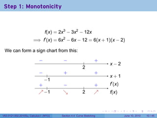 Step 1: Monotonicity



                                 f(x) = 2x3 − 3x2 − 12x
                        =⇒ f′ (x) = 6x2 − 6x − 12 = 6(x + 1)(x − 2)

 We can form a sign chart from this:

                            −
                            .             −
                                        . .               .       .
                                                                  +
                                                                          . −2
                                                                          x
                                                        2
                                                        .
                            −
                            . .          .
                                         +                        .
                                                                  +
                                                                          x
                                                                          . +1
                              −
                              . 1
                            . .
                            +            −
                                         .                       .
                                                                 +        .′ (x)
                                                                          f
                                                          .
                            ↗−
                            . . 1        ↘
                                         .              2
                                                        .        ↗
                                                                 .        f
                                                                          .(x)


                                                                      .   .        .      .       .    .

V63.0121.002.2010Su, Calculus I (NYU)   Section 4.4 Curve Sketching                    June 10, 2010   10 / 45
 