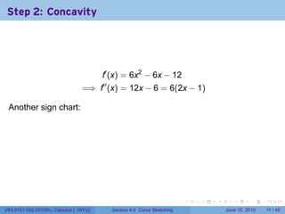 Step 2: Concavity




                                        f′ (x) = 6x2 − 6x − 12
                                 =⇒ f′′ (x) = 12x − 6 = 6(2x − 1)

 Another sign chart:                     .




                                                                           .   .   .      .      .     .

V63.0121.002.2010Su, Calculus I (NYU)        Section 4.4 Curve Sketching               June 10, 2010   11 / 45
 