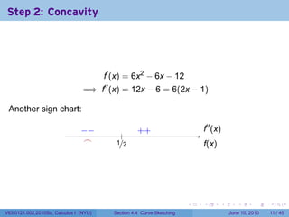 Step 2: Concavity




                                        f′ (x) = 6x2 − 6x − 12
                                 =⇒ f′′ (x) = 12x − 6 = 6(2x − 1)

 Another sign chart:                     .

                                −
                                . −                    . +
                                                       +                       .′′ (x)
                                                                               f
                                                .
                                 .
                                 ⌢            ./2
                                              1                                f
                                                                               .(x)




                                                                           .   .      .      .      .     .

V63.0121.002.2010Su, Calculus I (NYU)        Section 4.4 Curve Sketching                  June 10, 2010   11 / 45
 