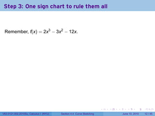 Step 3: One sign chart to rule them all



 Remember, f(x) = 2x3 − 3x2 − 12x.

                                        .




                                                                          .   .   .      .       .    .

V63.0121.002.2010Su, Calculus I (NYU)       Section 4.4 Curve Sketching               June 10, 2010   12 / 45
 