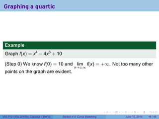 Graphing a quartic




 Example
 Graph f(x) = x4 − 4x3 + 10

 (Step 0) We know f(0) = 10 and lim f(x) = +∞. Not too many other
                                                 x→±∞
 points on the graph are evident.




                                                                      .   .   .      .       .    .

V63.0121.002.2010Su, Calculus I (NYU)   Section 4.4 Curve Sketching               June 10, 2010   16 / 45
 