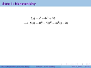 Step 1: Monotonicity



                                        f(x) = x4 − 4x3 + 10
                              =⇒ f′ (x) = 4x3 − 12x2 = 4x2 (x − 3)




                                                                          .   .   .      .       .    .

V63.0121.002.2010Su, Calculus I (NYU)       Section 4.4 Curve Sketching               June 10, 2010   17 / 45
 