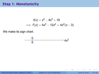 Step 1: Monotonicity



                                             f(x) = x4 − 4x3 + 10
                              =⇒ f′ (x) = 4x3 − 12x2 = 4x2 (x − 3)

 We make its sign chart.

                                        0
                                        ..
                                                                               . x2
                                                                               4
                                        0
                                        .




                                                                               .      .   .      .       .    .

V63.0121.002.2010Su, Calculus I (NYU)            Section 4.4 Curve Sketching                  June 10, 2010   17 / 45
 