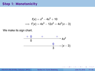 Step 1: Monotonicity



                                        f(x) = x4 − 4x3 + 10
                              =⇒ f′ (x) = 4x3 − 12x2 = 4x2 (x − 3)

 We make its sign chart.

                               . ..
                               + 0              .
                                                +                    .
                                                                     +
                                                                          . x2
                                                                          4
                                 0
                                 .
                                                                0
                                                                ..
                                                                          . x − 3)
                                                                          (
                                                                3
                                                                .




                                                                          .      .   .      .       .    .

V63.0121.002.2010Su, Calculus I (NYU)       Section 4.4 Curve Sketching                  June 10, 2010   17 / 45
 