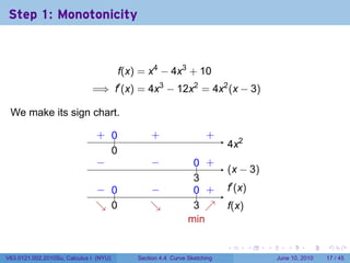 Step 1: Monotonicity



                                        f(x) = x4 − 4x3 + 10
                              =⇒ f′ (x) = 4x3 − 12x2 = 4x2 (x − 3)

 We make its sign chart.

                               . ..
                               + 0              .
                                                +                   .
                                                                    +
                                                                          . x2
                                                                          4
                                 0
                                 .
                               −
                               .                −
                                                .              .. .
                                                               0 +
                                                                          . x − 3)
                                                                          (
                                                               3
                                                               .
                               − 0
                               . ..             −
                                                .              .. .
                                                               0 +        .′ (x)
                                                                          f
                               ↘ 0
                               . .              ↘
                                                .              3 ↗
                                                               . .        f
                                                                          .(x)
                                                              m
                                                              . in

                                                                          .        .   .      .       .    .

V63.0121.002.2010Su, Calculus I (NYU)       Section 4.4 Curve Sketching                    June 10, 2010   17 / 45
 