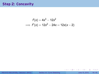 Step 2: Concavity



                                        f′ (x) = 4x3 − 12x2
                             =⇒ f′′ (x) = 12x2 − 24x = 12x(x − 2)



                                        .




                                                                           .   .   .      .       .    .

V63.0121.002.2010Su, Calculus I (NYU)        Section 4.4 Curve Sketching               June 10, 2010   18 / 45
 