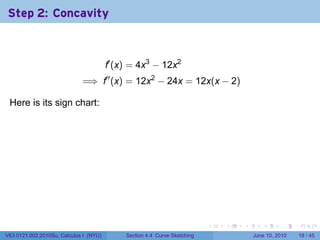Step 2: Concavity



                                        f′ (x) = 4x3 − 12x2
                             =⇒ f′′ (x) = 12x2 − 24x = 12x(x − 2)

 Here is its sign chart:

                                        .




                                                                           .   .   .      .       .    .

V63.0121.002.2010Su, Calculus I (NYU)        Section 4.4 Curve Sketching               June 10, 2010   18 / 45
 