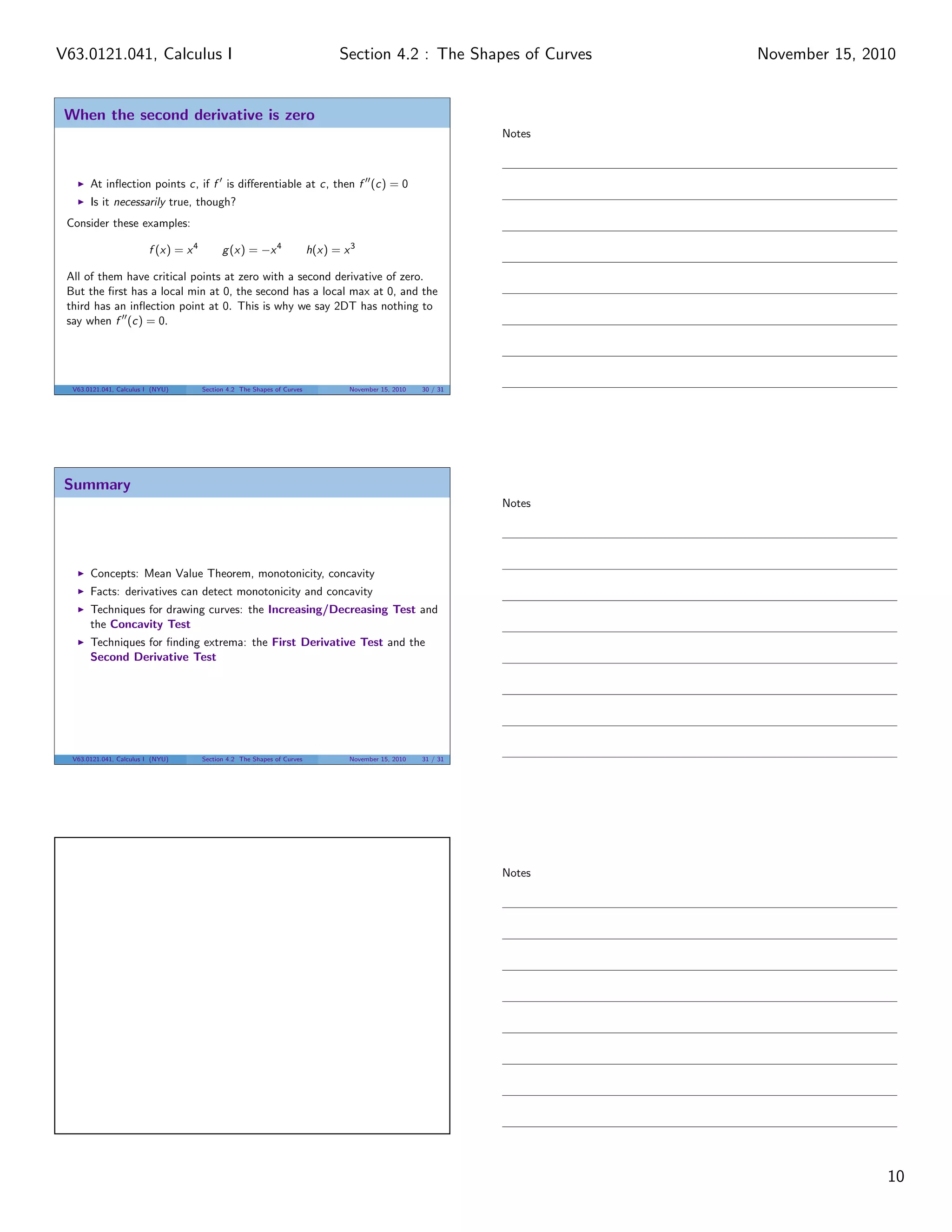 When the second derivative is zero
At inﬂection points c, if f is diﬀerentiable at c, then f (c) = 0
Is it necessarily true, though?
Consider these examples:
f (x) = x4
g(x) = −x4
h(x) = x3
All of them have critical points at zero with a second derivative of zero.
But the ﬁrst has a local min at 0, the second has a local max at 0, and the
third has an inﬂection point at 0. This is why we say 2DT has nothing to
say when f (c) = 0.
V63.0121.041, Calculus I (NYU) Section 4.2 The Shapes of Curves November 15, 2010 30 / 31
Summary
Concepts: Mean Value Theorem, monotonicity, concavity
Facts: derivatives can detect monotonicity and concavity
Techniques for drawing curves: the Increasing/Decreasing Test and
the Concavity Test
Techniques for ﬁnding extrema: the First Derivative Test and the
Second Derivative Test
V63.0121.041, Calculus I (NYU) Section 4.2 The Shapes of Curves November 15, 2010 31 / 31
Notes
Notes
Notes
10
Section 4.2 : The Shapes of CurvesV63.0121.041, Calculus I November 15, 2010
 