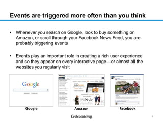 Events are triggered more often than you think
• Whenever you search on Google, look to buy something on
Amazon, or scroll through your Facebook News Feed, you are
probably triggering events
• Events play an important role in creating a rich user experience
and so they appear on every interactive page—or almost all the
websites you regularly visit

Google

Amazon

Facebook
6

 