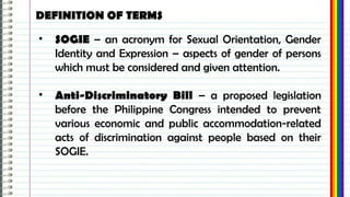 Sogie Explained LESSON 20 DISCRIMINATION ON THE BASIS OF (SOGIE) IN THE PHILIPPINES | PPTX