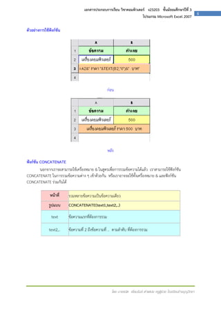 เอกสารประกอบการเรียน วิชาคอมพิวเตอร์ ง23203 ชั้นมัธยมศึกษาปีที่ 3
โปรแกรม Microsoft Excel 2007

ตัวอย่างการใช้ฟังก์ชัน

ก่อน

หลัง
ฟังก์ชัน CONCATENATE
นอกจากเราจะสามารถใช้เครื่องหมาย & ในสูตรเพื่อการรวมข้อความได้แล้ว เราสามารถใช้ฟังก์ชัน
CONCATENATE ในการรวมข้อความต่าง ๆ เข้าด้วยกัน หรือเราอาจจะใช้ทั้งเครื่องหมาย & และฟังก์ชัน
CONCATENATE ร่วมกันได้
หน้าที่

รวมหลายข้อความเป็นข้อความเดียว

รูปแบบ

CONCATENATE(text1,text2,..)

text
text2,..

ข้อความแรกที่ต้องการรวม
ข้อความที่ 2 ถึงข้อความที่ .. ตามลาดับ ที่ต้องการรวม

โดย นายธนิต เยี่ยมรัมย์ ตาแหน่ง ครูผู้ช่วย โรงเรียนช้างบุญวิทยา

6

 