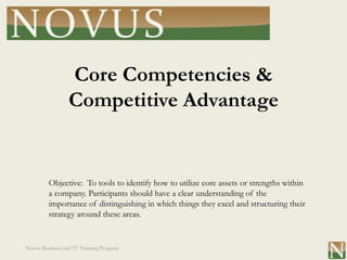 Core Competencies &
                 Competitive Advantage


         Objective: To tools to identify how to utilize core assets or strengths within
         a company. Participants should have a clear understanding of the
         importance of distinguishing in which things they excel and structuring their
         strategy around these areas.


Novus Business and IT Training Program
 