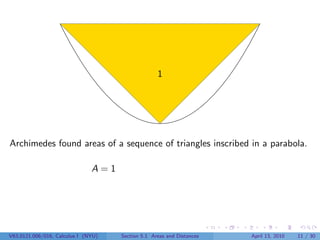 1




Archimedes found areas of a sequence of triangles inscribed in a parabola.

                               A=1




V63.0121.006/016, Calculus I (NYU)   Section 5.1 Areas and Distances   April 13, 2010   11 / 30
 