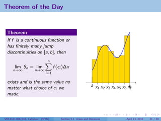 Theorem of the Day


  Theorem
  If f is a continuous function or
  has ﬁnitely many jump
  discontinuities on [a, b], then
                                n
       lim Sn = lim                  f (ci )∆x
      n→∞             n→∞
                               i=1

  exists and is the same value no
                                                                a x x x x x x x
  matter what choice of ci we                                      1 2 3 4 5 6 b7
  made.




V63.0121.006/016, Calculus I (NYU)       Section 5.1 Areas and Distances      April 13, 2010   21 / 30
 