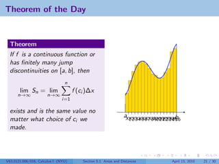Theorem of the Day


  Theorem
  If f is a continuous function or
  has ﬁnitely many jump
  discontinuities on [a, b], then
                                n
       lim Sn = lim                  f (ci )∆x
      n→∞             n→∞
                               i=1

  exists and is the same value no
                                                                axxxxxxxxxxxxxxxxb
  matter what choice of ci we                                     1 2 3 4 5 6 7 8 910 12 14 16
                                                                                    11 13 15
  made.




V63.0121.006/016, Calculus I (NYU)       Section 5.1 Areas and Distances                 April 13, 2010   21 / 30
 