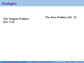 Analogies



                                                         The Area Problem (Ch. 5)
 The Tangent Problem
 (Ch. 2–4)




V63.0121.006/016, Calculus I (NYU)   Section 5.1 Areas and Distances    April 13, 2010   22 / 30
 