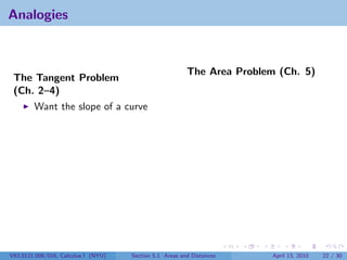 Analogies



                                                         The Area Problem (Ch. 5)
 The Tangent Problem
 (Ch. 2–4)
        Want the slope of a curve




V63.0121.006/016, Calculus I (NYU)   Section 5.1 Areas and Distances    April 13, 2010   22 / 30
 