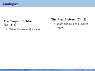 Analogies



                                                         The Area Problem (Ch. 5)
 The Tangent Problem
 (Ch. 2–4)                                                       Want the area of a curved
                                                                 region
        Want the slope of a curve




V63.0121.006/016, Calculus I (NYU)   Section 5.1 Areas and Distances           April 13, 2010   22 / 30
 