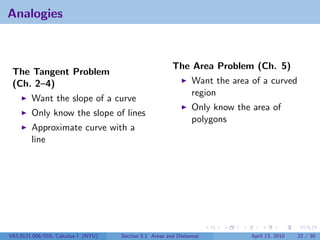 Analogies



                                                         The Area Problem (Ch. 5)
 The Tangent Problem
 (Ch. 2–4)                                                       Want the area of a curved
                                                                 region
        Want the slope of a curve
                                                                 Only know the area of
        Only know the slope of lines
                                                                 polygons
        Approximate curve with a
        line




V63.0121.006/016, Calculus I (NYU)   Section 5.1 Areas and Distances           April 13, 2010   22 / 30
 