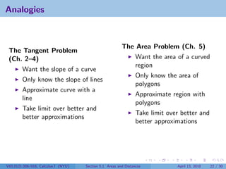 Analogies



                                                         The Area Problem (Ch. 5)
 The Tangent Problem
 (Ch. 2–4)                                                       Want the area of a curved
                                                                 region
        Want the slope of a curve
                                                                 Only know the area of
        Only know the slope of lines
                                                                 polygons
        Approximate curve with a
                                                                 Approximate region with
        line
                                                                 polygons
        Take limit over better and
                                                                 Take limit over better and
        better approximations
                                                                 better approximations




V63.0121.006/016, Calculus I (NYU)   Section 5.1 Areas and Distances           April 13, 2010   22 / 30
 