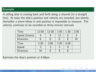 Example
A sailing ship is cruising back and forth along a channel (in a straight
line). At noon the ship’s position and velocity are recorded, but shortly
thereafter a storm blows in and position is impossible to measure. The
velocity continues to be recorded at thirty-minute intervals.

                  Time                12:00        12:30        1:00   1:30   2:00
                  Speed (knots)         4            8           12      6      4
                  Direction             E            E           E      E      W
                  Time                 2:30        3:00         3:30   4:00
                  Speed                 3            3            5      9
                  Direction             W            E           E      E

Estimate the ship’s position at 4:00pm.



V63.0121.006/016, Calculus I (NYU)   Section 5.1 Areas and Distances           April 13, 2010   26 / 30
 