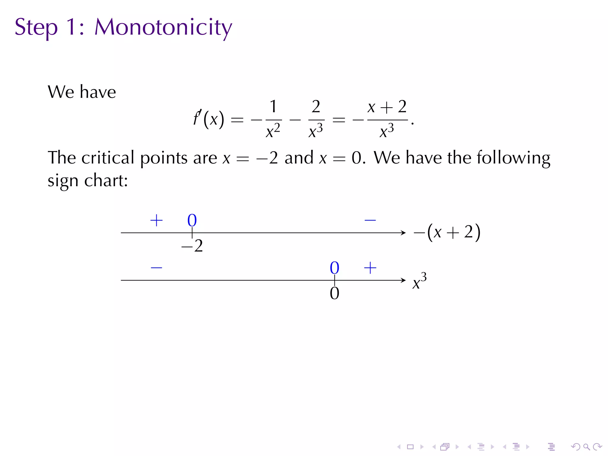 Step	1: Monotonicity

   We	have
                                1     2     x+2
                     f ′ (x ) = − 2
                                    − 3 =− 3 .
                                x    x       x
   The	critical	points	are x = −2 and x = 0. We	have	the	following
   sign	chart:

               .
               +    0
                    ..                 .   −
                                           .
                                                   −
                                                   . (x + 2)
                   −
                   . 2
               −
               .                      0
                                      ..   .
                                           +
                                                   .3
                                                   x
                                      0
                                      .




                                               .        .   .   .   .   .
 