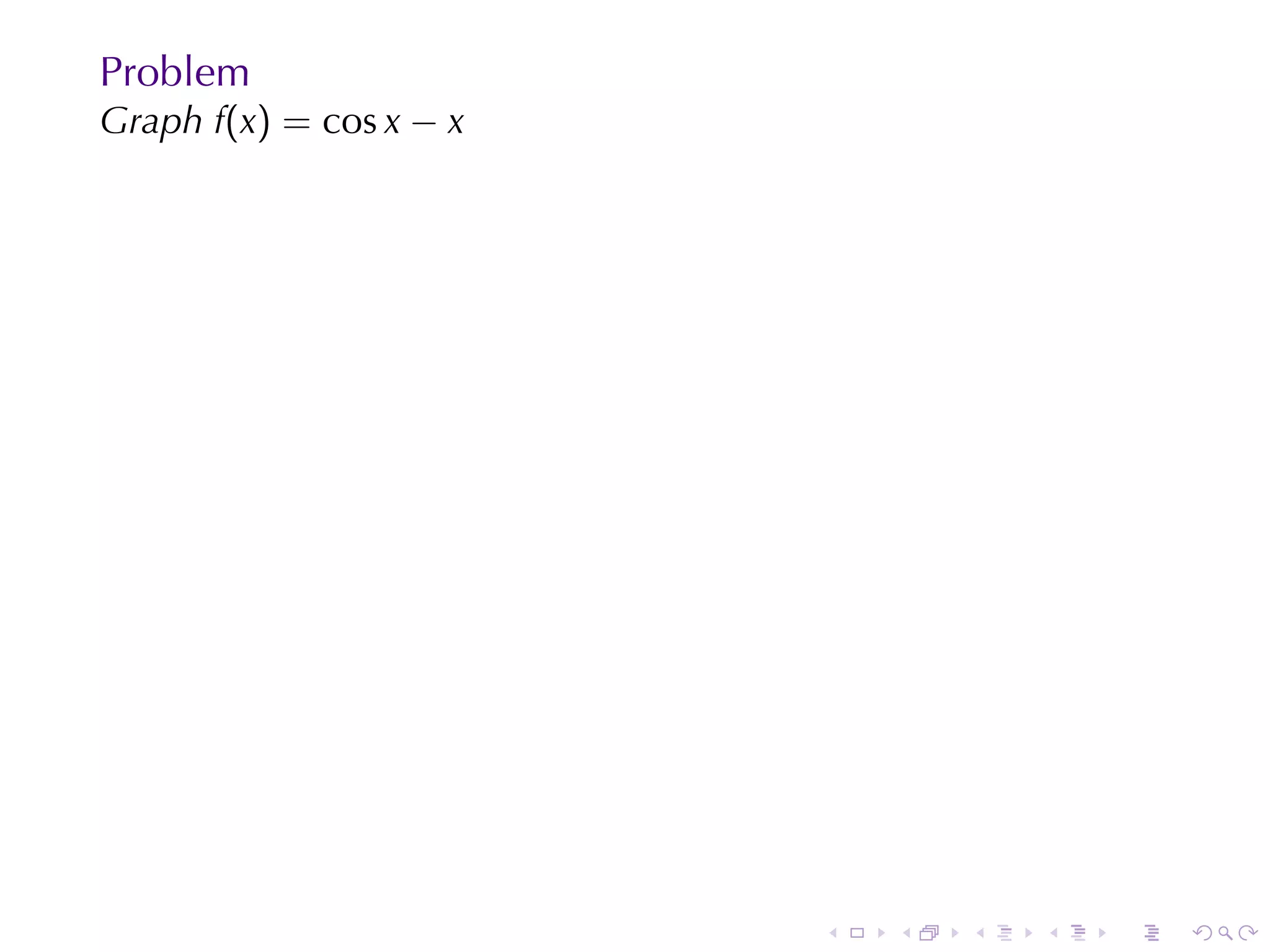 Problem
Graph f(x) = cos x − x




                         .   .   .   .   .   .
 