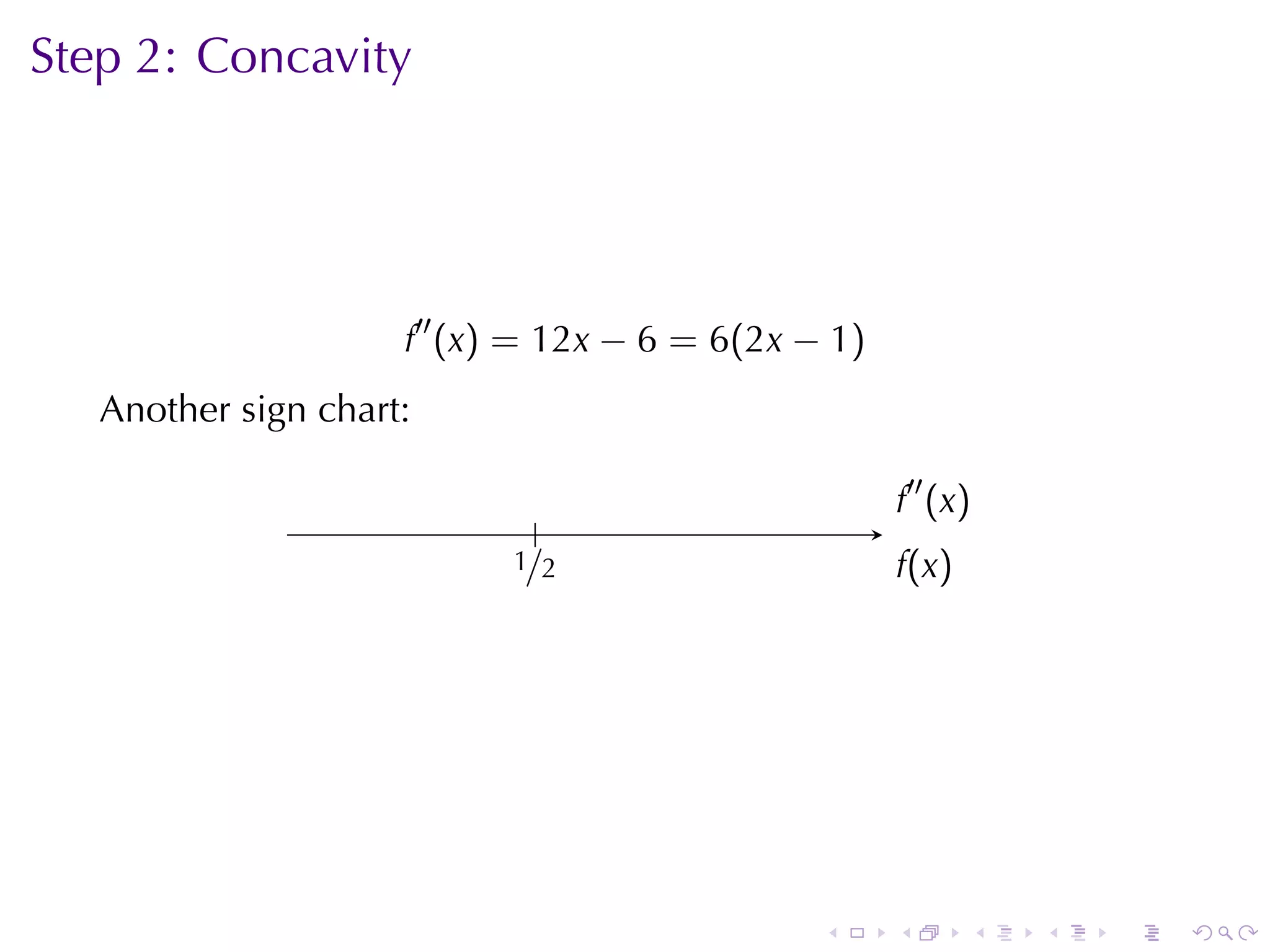 Step	2: Concavity




                     f′′ (x) = 12x − 6 = 6(2x − 1)
   Another	sign	chart:    .

                                                     .′′ (x)
                                                     f
                                .
                              .
                              1/2                    f
                                                     .(x)




                                               .     .      .   .   .   .
 