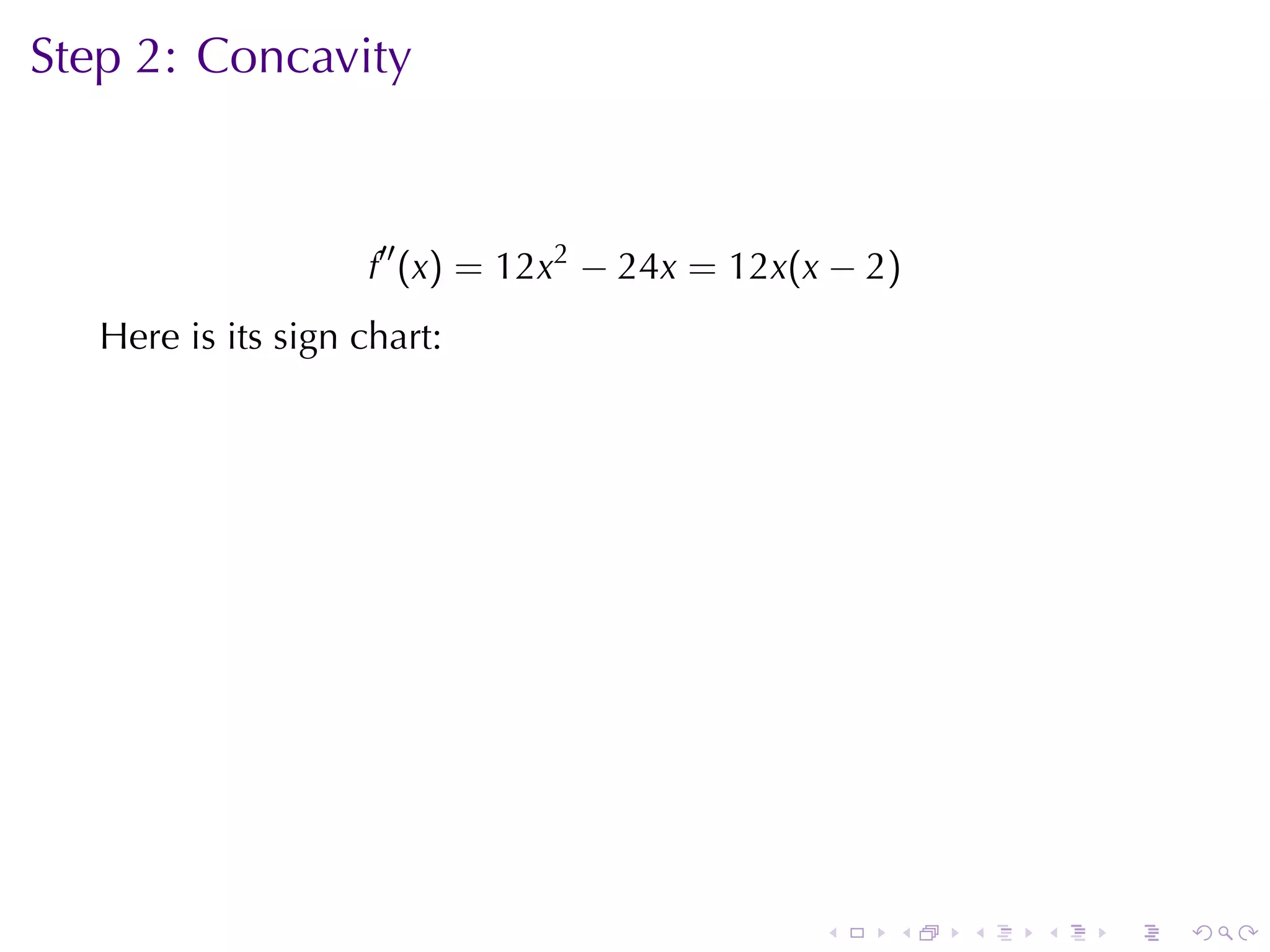 Step	2: Concavity



                     f′′ (x) = 12x2 − 24x = 12x(x − 2)
   Here	is	its	sign	chart:

                         .




                                                 .   .   .   .   .   .
 
