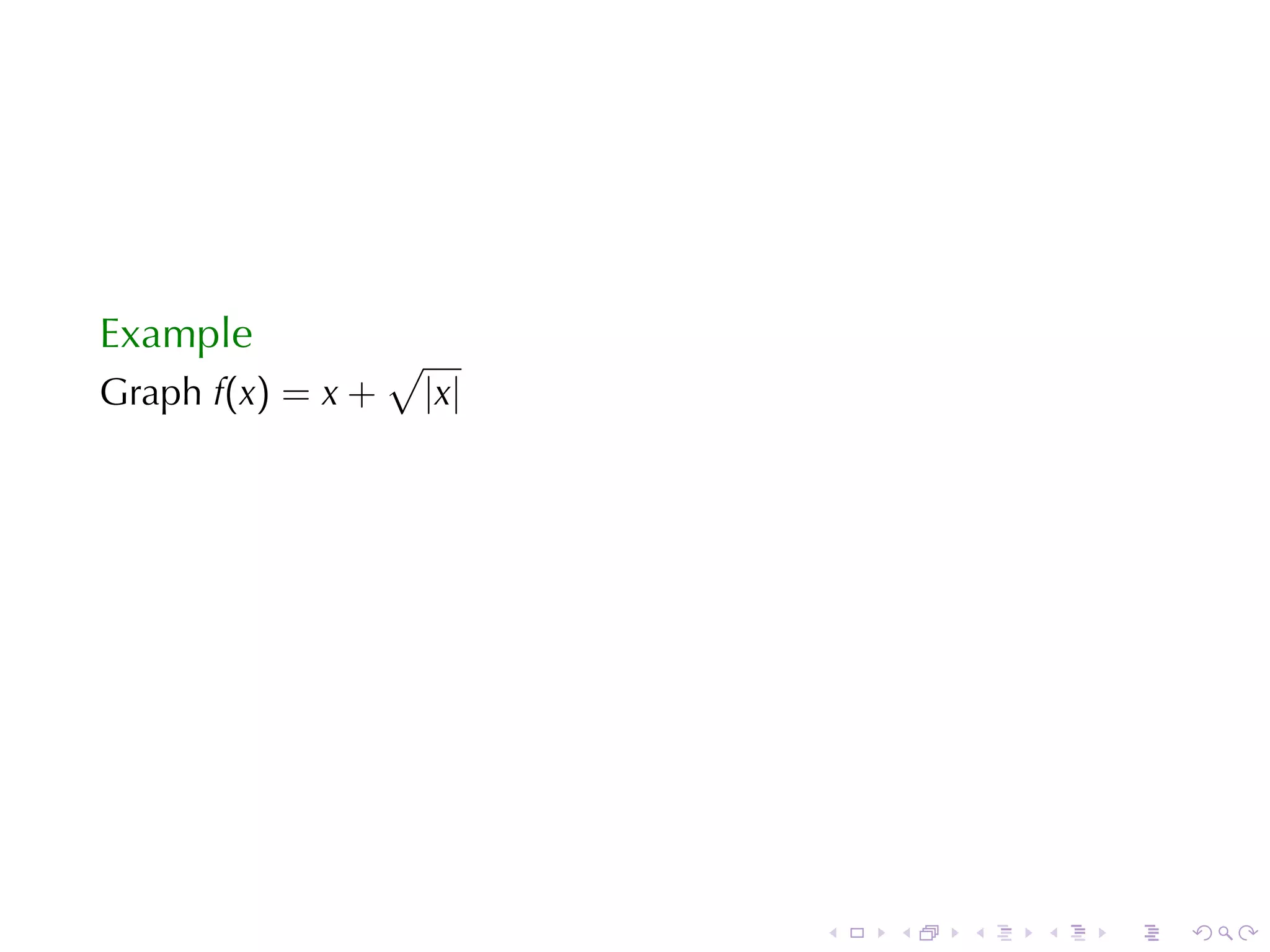 Example
                   √
Graph f(x) = x +       |x|




                             .   .   .   .   .   .
 
