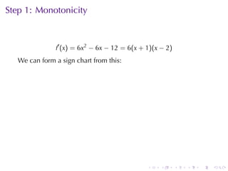 Step	1: Monotonicity



               f′ (x) = 6x2 − 6x − 12 = 6(x + 1)(x − 2)
   We	can	form	a	sign	chart	from	this:

                          .




                                              .    .      .   .   .   .
 