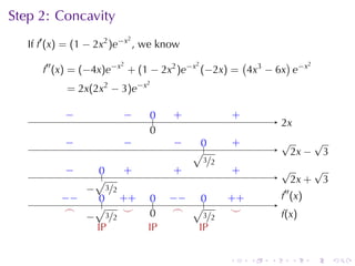 Step	2: Concavity
                          2
   If f′ (x) = (1 − 2x2 )e−x , we	know
                        2               2       (        )    2
      f′′ (x) = (−4x)e−x + (1 − 2x2 )e−x (−2x) = 4x3 − 6x e−x
                               2
            = 2x(2x2 − 3)e−x

           −
           .             −
                         .     0
                               ..   .
                                    +                .
                                                     +
                                                                 .x
                                                                 2
                               0
                               .
           −
           .             −
                         .          −
                                    .      0
                                           .         .
                                                     +           √     √
                                         √.                      . 2x − 3
                                         . 3/2
           −
           .      0
                  ..     .
                         +          .
                                    +                .
                                                     +           √     √
                  √                                              . 2x + 3
               − 3/2
               .
          −
          . −    .. . +
                 0 +           0
                               ..   −
                                    . − .. 0     . +
                                                 +               .′′ (x)
                                                                 f
           .
           ⌢     √   .
                     ⌣               ⌢ √3
                                     .            .
                                                  ⌣
               − 3/2 .         0
                               .                                 f
                                                                 .(x)
             . .                       . . /2
                 IP            IP         IP


                                                 .       .   .      .      .   .
 
