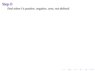 Step	0
   Find	when f is	positive, negative, zero, not	deﬁned.




                                                .   .     .   .   .   .
 