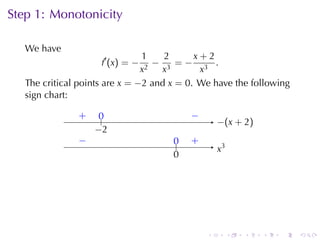 Step	1: Monotonicity

   We	have
                                1     2     x+2
                     f ′ (x ) = − 2
                                    − 3 =− 3 .
                                x    x       x
   The	critical	points	are x = −2 and x = 0. We	have	the	following
   sign	chart:

               .
               +    0
                    ..                 .   −
                                           .
                                                   −
                                                   . (x + 2)
                   −
                   . 2
               −
               .                      0
                                      ..   .
                                           +
                                                   .3
                                                   x
                                      0
                                      .




                                               .        .   .   .   .   .
 