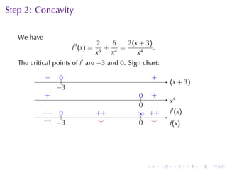 Step	2: Concavity

   We	have
                                   2    6   2 (x + 3 )
                       f′′ (x) =      +   =            .
                                   x 3 x4       x4
   The	critical	points	of f′ are −3 and 0. Sign	chart:

             −
             .    0
                  ..                               .       .
                                                           +
                                                                   . x + 3)
                                                                   (
                 −
                 . 3
             .
             +                                   .. .
                                                 0 +
                                                                   .4
                                                                   x
                                                 0
                                                 .
           −
           . − ..
               0                   . +
                                   +             .. . +
                                                 ∞ +               .′ (x)
                                                                   f
            .
            ⌢ . 3
               −                    .
                                    ⌣            . .
                                                 0 ⌣               f
                                                                   .(x)




                                                       .       .    .       .   .   .
 