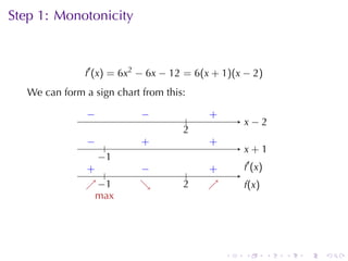 Step	1: Monotonicity



               f′ (x) = 6x2 − 6x − 12 = 6(x + 1)(x − 2)
   We	can	form	a	sign	chart	from	this:

                −
                .           −
                          . .          .   .
                                           +
                                                   . −2
                                                   x
                                     2
                                     .
               −
               . .          .
                            +              .
                                           +
                                                   x
                                                   . +1
                  −
                  . 1
               . .
               +           −
                           .               .
                                           +       .′ (x)
                                                   f
                                       .
               ↗−
               . . 1       ↘
                           .         2
                                     .     ↗
                                           .       f
                                                   .(x)
                 m
                 . ax




                                               .   .        .   .   .   .
 
