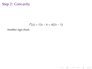 Step	2: Concavity




                     f′′ (x) = 12x − 6 = 6(2x − 1)
   Another	sign	chart:    .




                                               .     .   .   .   .   .
 