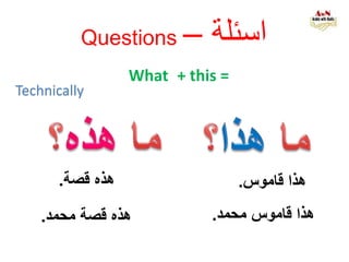 Questions – ‫اسئلة‬
What + this =
‫محمد‬ ‫قاموس‬ ‫هذا‬.
‫قاموس‬ ‫هذا‬.‫قصة‬ ‫هذه‬.
‫قصة‬ ‫هذه‬‫محمد‬.
Technically
 