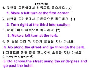 Exercise 1.  첫번째 모퉁이에서 왼쪽으로 돌으세요 . (L)   2.  세번째 교차로에서 오른쪽으로 돌으세요 . (+)   3.  삼거리에서 왼쪽으로 돌으세요 . (Y)   4.  이 길을 따라 쭉 가다가 공원을 지나 가세요 .    5  지하도를 통해 길을 건넌후에 호텔을 지나 가세요 . (underpass, go past) 1. Make a left turn at the first corner. 2. Turn right at the third intersection. 3. Make a left turn at the fork. 4. Go along the street and go through the park. 5. Go across the street using the underpass and go past the hotel. 