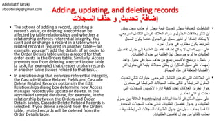 Abdullatif Tarakji
abdotarakji@gmail.com Adding, updating, and deleting records
‫إضافة‬,‫تحديث‬,‫السجالت‬ ‫حذف‬ ‫و‬
• The actions of adding a record, updating a
record’s value, or deleting a record can be
affected by table relationships and whether a
relationship enforces referential integrity. You
can’t add or change a record in a table when a
related record is required in another table—for
example, you can’t add the details of an order to
the Order Details table unless a record for that
order exists in the Orders table. Similarly, Access
prevents you from deleting a record in one table
(a task, for example) that creates orphan records
in another table (issues related to that task).
• In a relationship that enforces referential integrity,
the Cascade Update Related Fields and Cascade
Delete Related Records options in the Edit
Relationships dialog box determine how Access
manages records you update or delete. In the
Northwind sample database, for example, in the
relationship between the Orders and Order
Details tables, Cascade Delete Related Records is
selected. If you delete a record from the Orders
table, related records will be deleted from the
Order Details table.
•‫سجل‬ ‫كإضافة‬ ‫النشاطات‬,‫تحديث‬‫قيمة‬‫سجل‬,‫أو‬‫يمك‬ ‫سجل‬ ‫حذف‬‫ن‬
‫تتأثر‬ ‫أن‬‫بعالقات‬‫الجدول‬‫العالقة‬ ‫سواء‬ ‫و‬‫ال‬ ‫التكامل‬ ‫تفرض‬‫مرجعي‬.
‫عندما‬ ‫الجدول‬ ‫في‬ ‫سجل‬ ‫تغيير‬ ‫أو‬ ‫إضافة‬ ‫يمكنك‬ ‫ال‬‫الس‬ ‫يكون‬‫جل‬
،‫آخر‬ ‫جدول‬ ‫في‬ ‫مطلوب‬ ‫يكون‬ ‫المرتبط‬
‫ال‬ ‫المثال‬ ‫سبيل‬ ‫على‬‫تفاصيل‬ ‫إضافة‬ ‫يمكن‬‫الطلبية‬‫إلى‬‫ج‬‫دول‬‫تفاصيل‬
‫الطلبيات‬‫سجل‬ ‫يوجد‬ ‫لم‬ ‫ما‬‫الطلبية‬ ‫لهذ‬‫في‬‫الطلبيات‬ ‫جدول‬.
‫بالمثل‬ ‫و‬،‫يمنع‬ ‫األكسيس‬ ‫برنامج‬‫واح‬ ‫جدول‬ ‫في‬ ‫سجل‬ ‫حذف‬ ‫من‬‫د‬
(،‫مهمة‬‫المثال‬ ‫سبيل‬ ‫على‬)‫سجالت‬ ‫يخلق‬ ‫أن‬‫يتيمة‬‫آخ‬ ‫جدول‬ ‫في‬‫ر‬
(‫المتعلقة‬ ‫القضايا‬‫المهمة‬ ‫هذه‬ ‫في‬.)
•‫المرجعي‬ ‫التكامل‬ ‫تفرض‬ ‫التي‬ ‫العالقات‬ ‫في‬,‫تتالي‬ ‫خيارات‬‫تحديث‬
‫صن‬ ‫في‬ ‫المرتبطة‬ ‫السجالت‬ ‫حذف‬ ‫تتالي‬ ‫و‬ ‫المرتبطة‬ ‫الحقول‬‫دوق‬
‫للسجالت‬ ‫االكسيس‬ ‫إدارة‬ ‫كيفية‬ ‫تحدد‬ ‫العالقات‬ ‫تحرير‬ ‫حوار‬‫التي‬
‫تحذف‬ ‫التي‬ ‫أو‬ ‫تحدث‬.
‫البيانات‬ ‫قاعدة‬ ‫في‬ ‫المثال‬ ‫سبيل‬ ‫على‬Northwind‫جدول‬ ‫بين‬ ‫العالقة‬
‫السجالت‬ ‫حذف‬ ‫تتالي‬ ‫الطلبيات‬ ‫تفاصيل‬ ‫جدول‬ ‫و‬ ‫الطلبيات‬‫المحددة‬.
‫س‬ ‫المرتبطة‬ ‫السجالت‬ ‫الطلبيات‬ ‫جدول‬ ‫من‬ ‫سجل‬ ‫بحذف‬ ‫قمنا‬ ‫اذا‬‫وف‬
‫الطلبيات‬ ‫تفاصيل‬ ‫جدول‬ ‫من‬ ً‫ا‬‫تلقائي‬ ‫تحذف‬.
 