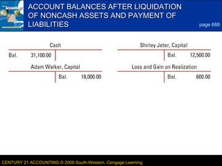 6
LESSON 23-3CENTURY 21 ACCOUNTING © 2009 South-Western, Cengage Learning
ACCOUNT BALANCES AFTER LIQUIDATIONACCOUNT BALANCES AFTER LIQUIDATION
OF NONCASH ASSETS AND PAYMENT OFOF NONCASH ASSETS AND PAYMENT OF
LIABILITIESLIABILITIES page 688
 