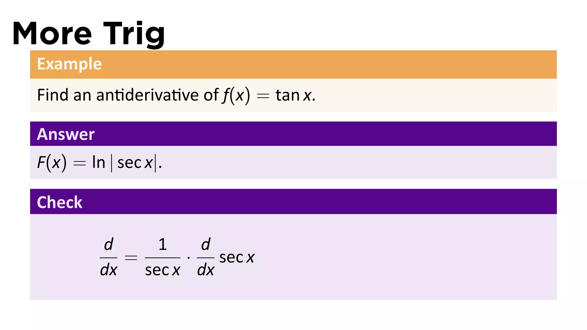 More Trig
 Example
 Find an an deriva ve of f(x) = tan x.

 Answer
 F(x) = ln | sec x|.

 Check

          d    1    d
            =     ·   sec x
          dx sec x dx
 