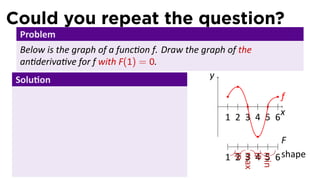 Could you repeat the question?
  Problem
  Below is the graph of a func on f. Draw the graph of the
  an deriva ve for f with F(1) = 0.
 Solu on                                        y

                                                                   f
                                                 .
                                                                   x
                                                     1 2 3 4 5 6

                                                                 F
                                                     1 2 3 4 5 6 shape




                                                      IP
                                                      max
                                                      IP
                                                      min
 