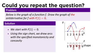 Could you repeat the question?
  Problem
  Below is the graph of a func on f. Draw the graph of the
  an deriva ve for f with F(1) = 0.
 Solu on                                        y

     We start with F(1) = 0.                                       f
                                                 .
     Using the sign chart, we draw arcs                            x
                                                     1 2 3 4 5 6
     with the speciﬁed monotonicity and
     concavity                                                   F
                                                     1 2 3 4 5 6 shape




                                                      IP
                                                      max
                                                      IP
                                                      min
 
