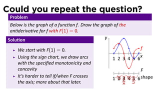 Could you repeat the question?
  Problem
  Below is the graph of a func on f. Draw the graph of the
  an deriva ve for f with F(1) = 0.
 Solu on                                        y

     We start with F(1) = 0.                                       f
                                                 .
     Using the sign chart, we draw arcs                            x
                                                     1 2 3 4 5 6
     with the speciﬁed monotonicity and
     concavity                                                   F
     It’s harder to tell if/when F crosses
                                                     1 2 3 4 5 6 shape




                                                      IP
                                                      max
                                                      IP
                                                      min
     the axis; more about that later.
 