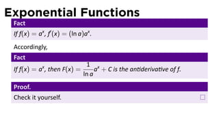 Exponential Functions
 Fact
 If f(x) = ax , f′ (x) = (ln a)ax .
 Accordingly,
 Fact
                                1 x
 If f(x) = ax , then F(x) =         a + C is the an deriva ve of f.
                               ln a
 Proof.
 Check it yourself.
 