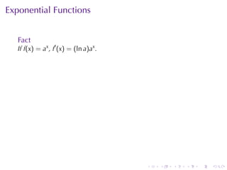 Exponential	Functions


   Fact
   If f(x) = ax , f′ (x) = (ln a)ax .




                                        .   .   .   .   .   .
 