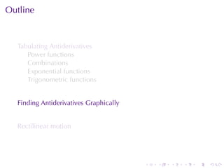 Outline



  Tabulating	Antiderivatives
     Power	functions
     Combinations
     Exponential	functions
     Trigonometric	functions


  Finding	Antiderivatives	Graphically


  Rectilinear	motion




                                        .   .   .   .   .   .
 